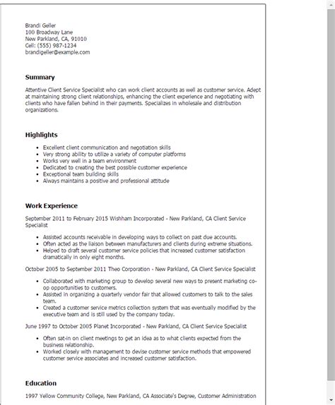 Client Service Specialist Resume Examples And Templates 2024