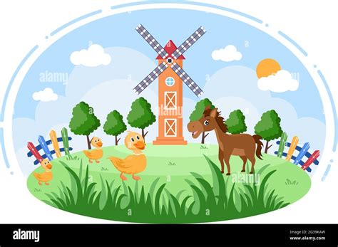 Cute Cartoon Farm Animals Vector Illustration With Cow Horse Chicken