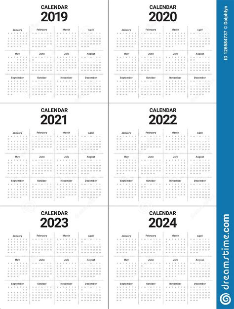 Click here for a pdf version of this calendar. Year 2019 2020 2021 2022 2023 2024 Calendar Vector Design Templa Stock Vector - Illustration of ...