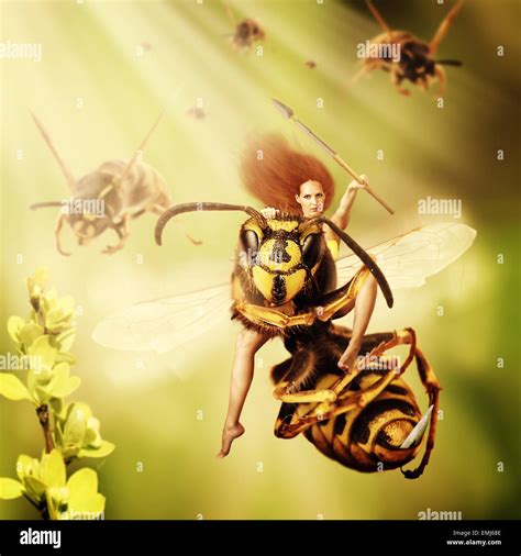 Fantasy Magic World Woman Sits Astride A Wasp And Controls An Army Of