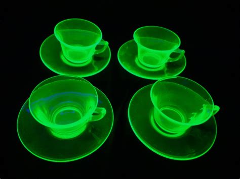 S Vintage Vaseline Glass Tea Cups And Saucers Uranium Etsy