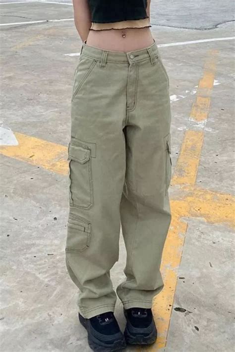 Y K Green Cargo Big Pockets Low Waisted Retro Pants Cargo Pants Women