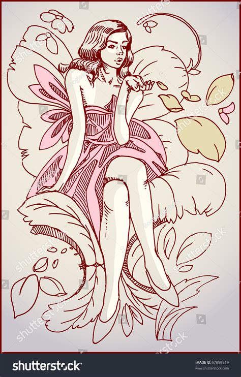 Girl Fairy Sitting On A Flower Fantasy Art Hand Drawn Stock Vector