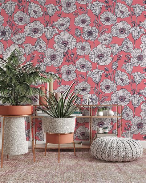 Poppies Pattern Flowers Background Modern Floral Wallpaper Etsy In