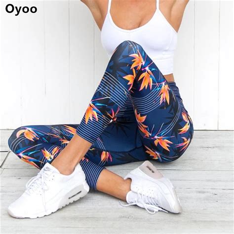 Oyoo The Maple Leaf Fitness Tights Women Stripes Waistband Printed Yoga Leggings Workout