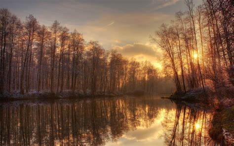Landscapes Trees Bank Reflection Water Sky Clouds Sunset Sunrise Winter
