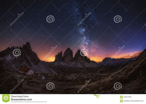 Tre Cime Di Lavaredo At Night In The Dolomites In Italy Europe Stock