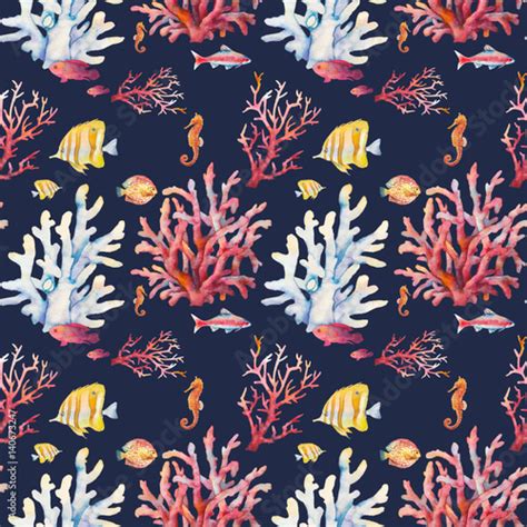 Watercolor Coral Reef Seamless Pattern Hand Drawn Realistic Background