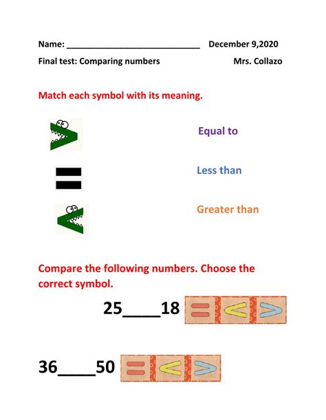 Comparing Numbers Worksheets 1st Grade