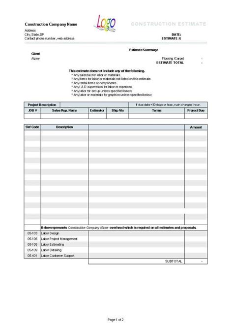 estimating spreadsheet template db excelcom