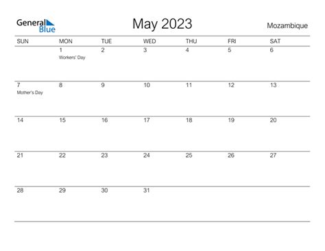 May 2023 Calendar With Mozambique Holidays