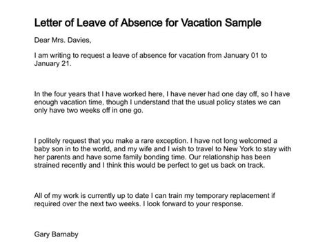 Letter Of Request For Vacation Leave Sample Templates Lettering