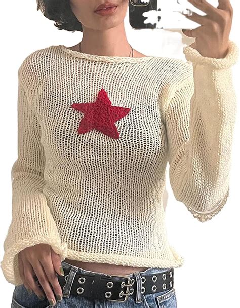 Roaonocomo Women Y K Printed Pullover Sweater Star Print Oversized Knit Jumper Long Sleeve