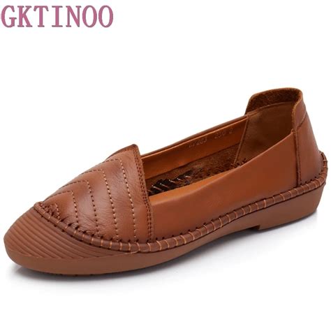 Gktinoo Women Flats Shoes Genuine Leather Slip On Round Toe Rubber Sole