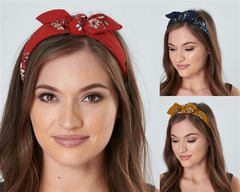 Bow Headband Women Top Knot Vintage Floral Rigid Hair Band With Detachable Bow