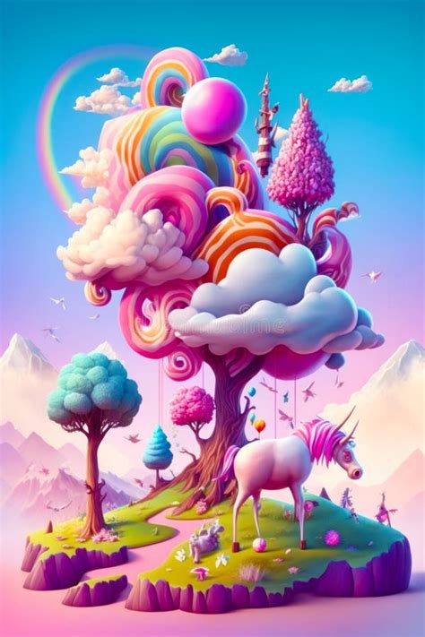 Unicorn Standing In Front Of Tree With Rainbow In The Sky Generative