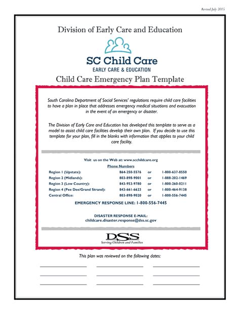 Sc Child Care Emergency Plan Template 2015 2022 Fill And Sign
