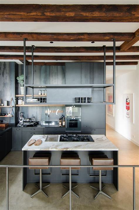 Industrial Modern Kitchen With Exposed Wooden Beams And Gray Cabinets