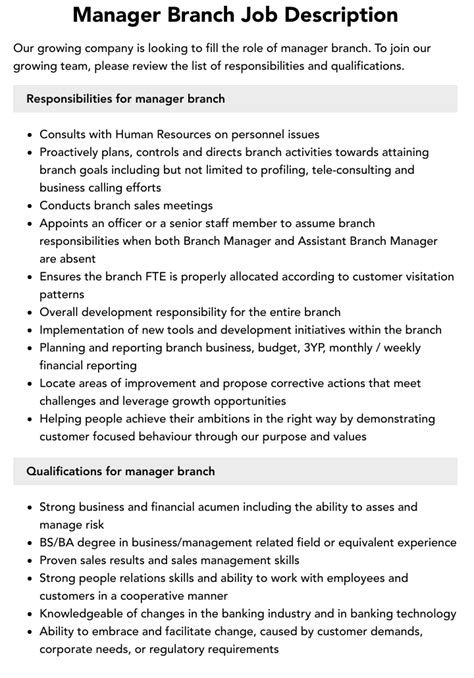 Manager Branch Job Description Velvet Jobs