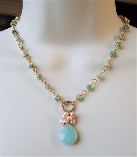 Chrysoprase Gemstone Pendant Necklace Pearls Beaded Etsy