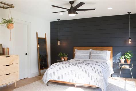 The linear pattern means you don't even need to hang pictures for the space to feel. Contemporary Neutral Bedroom with Black Shiplap Accent ...