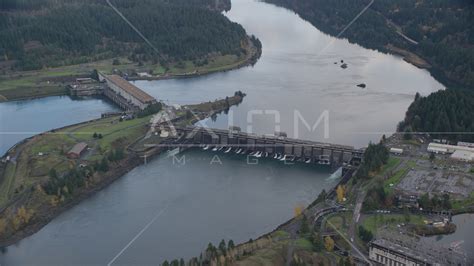 Bonneville Dam Structures In The Columbia River Gorge Aerial Stock