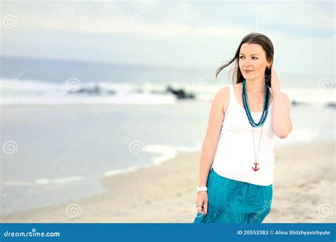 Beautiful Young Woman Stands Against Ocean Stock Image Image Of