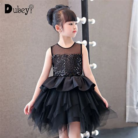 Girls Princess Black Sequins Evening Dress Clothes Costumes For Kids