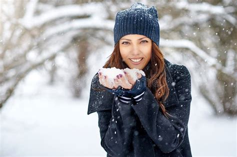 Girl Playing With Snow In Park Stock Image Image Of Closeup Model