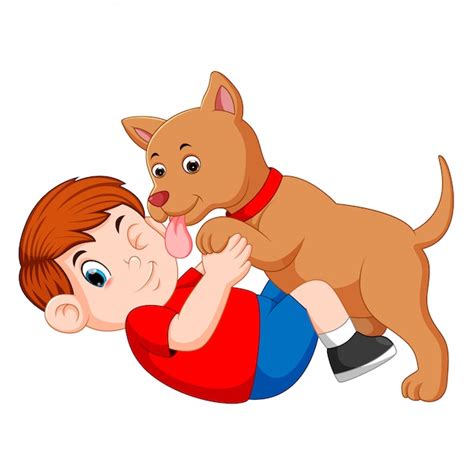 Premium Vector Boy Playing With Dog And Dog Licking His Owner Face