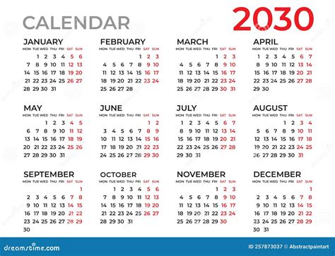 Calendario 2030 Planner De Plantilla Calendario 2030 Año Calendario De