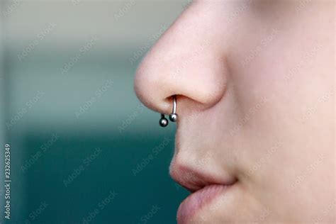 Nose Piercing Septum Side View With Copy Space For Text Stock Photo
