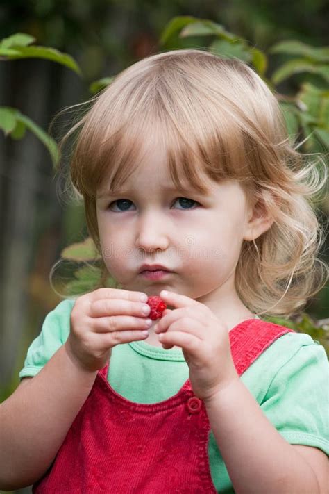 little caucasian girl eating raspberry closeup portrait stock image image of eyes finger