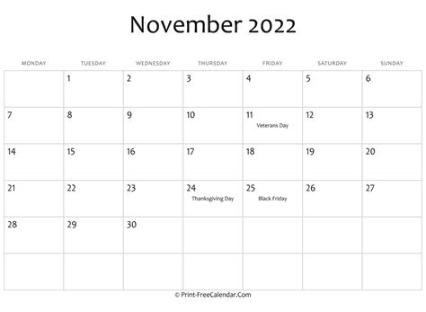 November 2022 Editable Calendar With Holidays