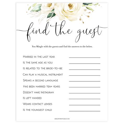 Find The Guest Bridal Game Bridal Shower Printable Games