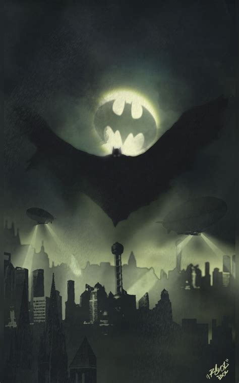A Batman Poster With The Moon In The Sky Above It And City Lights Behind It