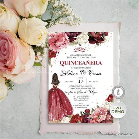 blush burgundy quinceanera invitation template printable etsy
