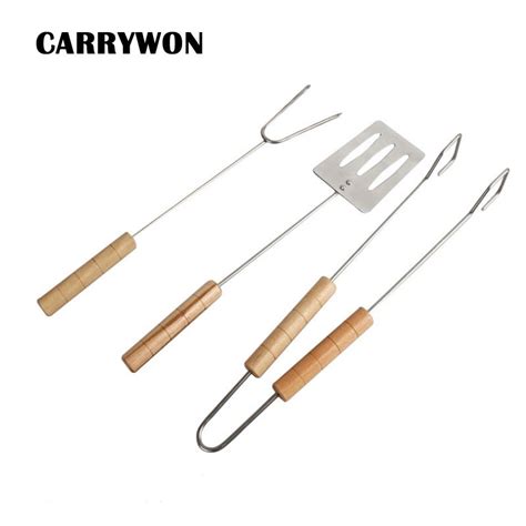 Carrywon 3pcsset Bbq Sets Wooden Handle Stainless Steel Fork Roasting