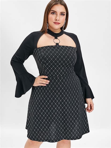 Wipalo Women Plus Size Flare Sleeve Shining Print A Line Dress Cut Out