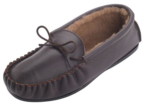 Mens Ladies British Made Leather Moccasin Slippers Hard Sole Sheepskin