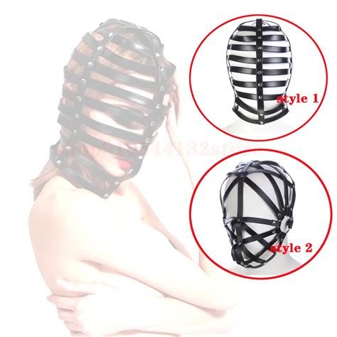 Hollow Out Pu Leather Full Head Hood Party Mask And Collar Bdsm Bondage Gimp Sex Headgear Slave