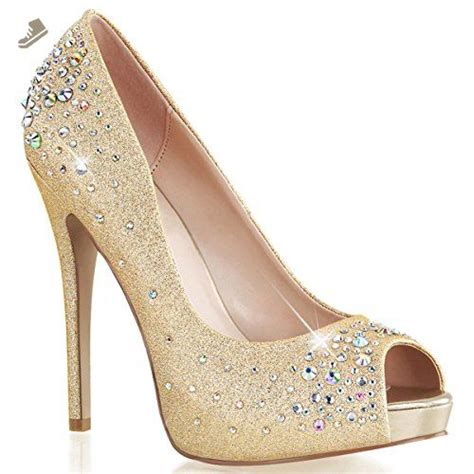 Womens Dazzling Gold Peep Toe Pumps With Rhinestone Detail And 5 Inch