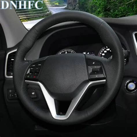 Dnhfc Black Leather Hand Stitched Car Steering Wheel Cover For Hyundai