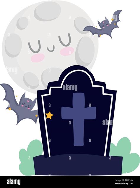 Happy Halloween Cemetery Tombstone And Bats Moon Night Trick Or Treat