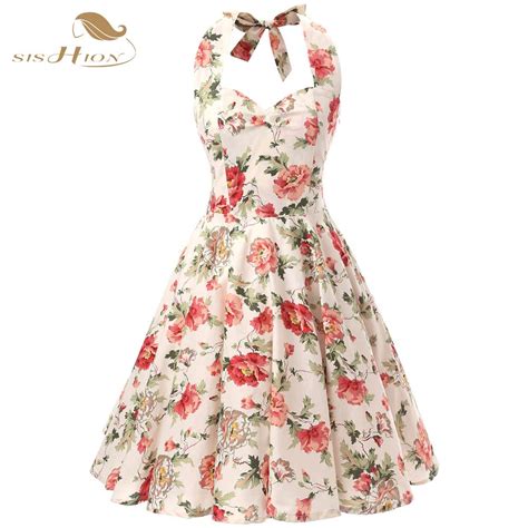 Sishion 100 Cotton Halter Rockabilly Summer 50s 60s Retro Vintage Dresses Floral Print Swing