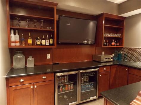 Cmh Builders Wet Bar With Open Shelving And Wood Panel Back Splash Wet