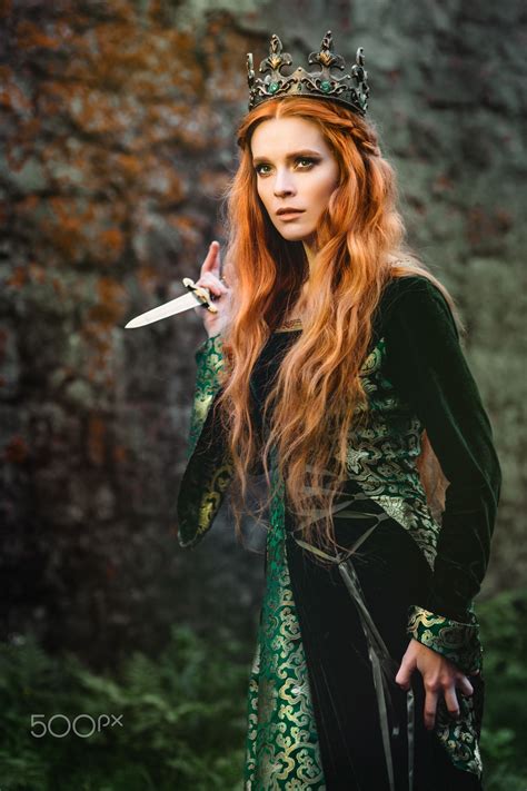Ginger Queen Near The Castle Red Haired Woman In A Green Medieval