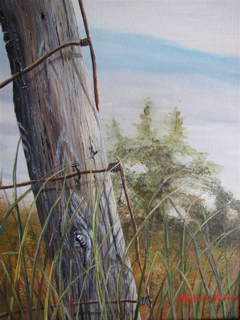 An Oil Painting Of A Fence Post In The Grass