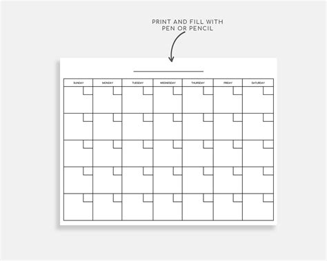 Blank Monthly Calendar Printable Calendar Digital Calendar Etsy