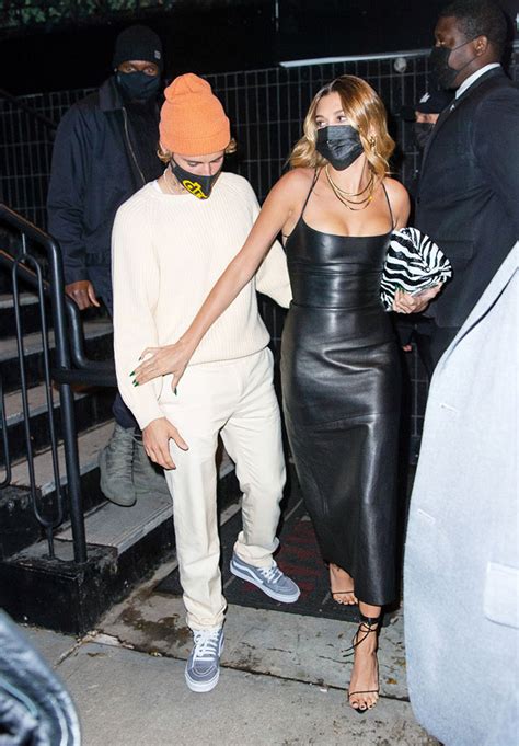 hailey baldwin rocks leather skirt on date with justin bieber hollywood life